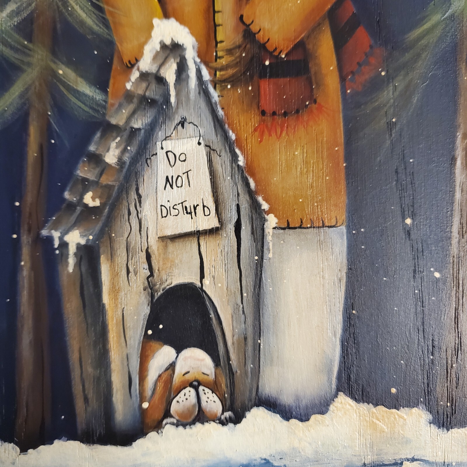 Primitive Style Handpainted Folk Art. Snowman & Dog on Wood. USA PNW