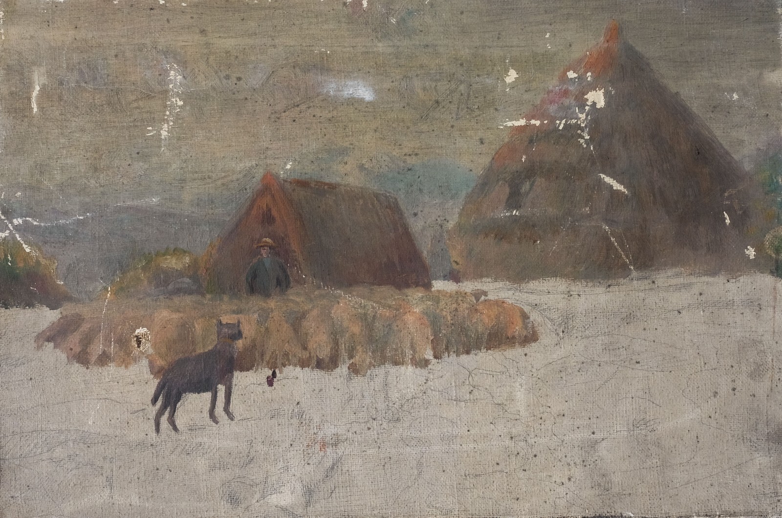 Antique Oil Original Painting, Landscape, Livestock, Farmer, Sheep, Dog