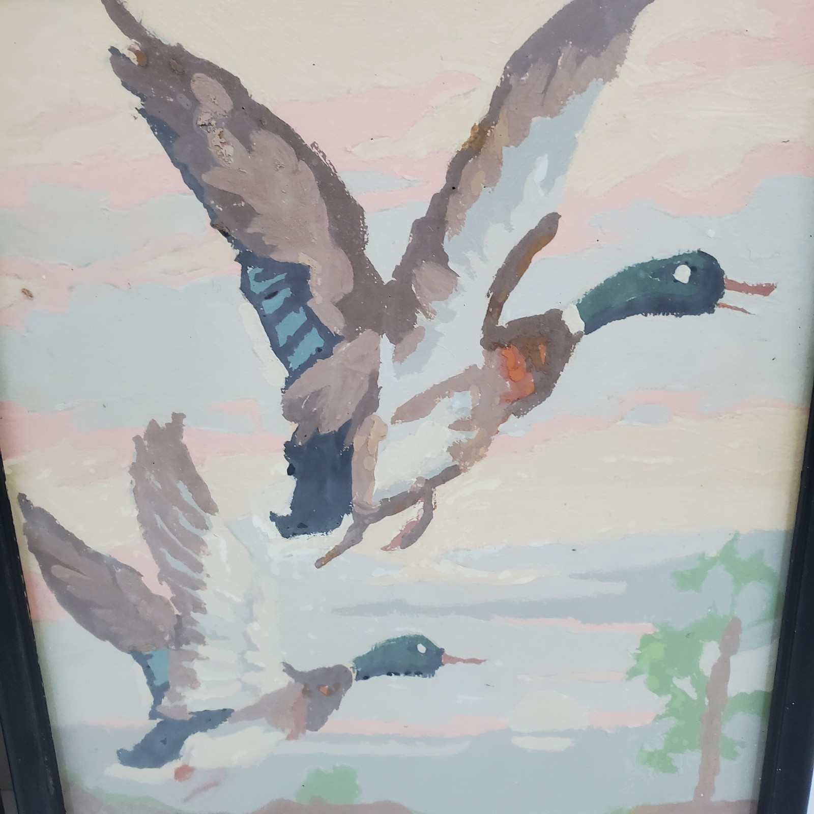 Vintage Mallard Ducks in Flight Framed Paint-By-Number Paintings MCM 1960’s