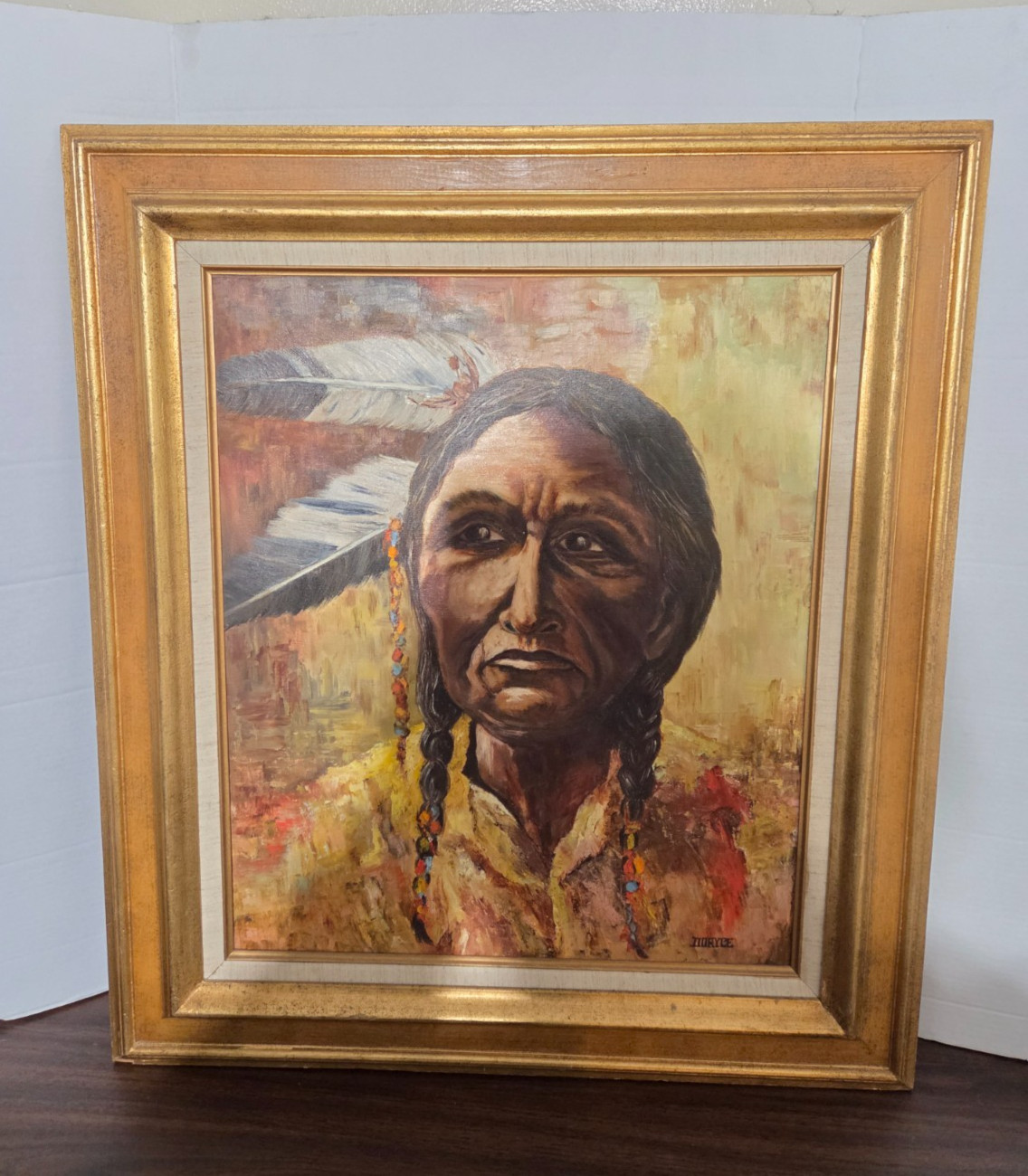 Vintage Western Oil on Canvas Native American Chief 20X24 Signed Doryce