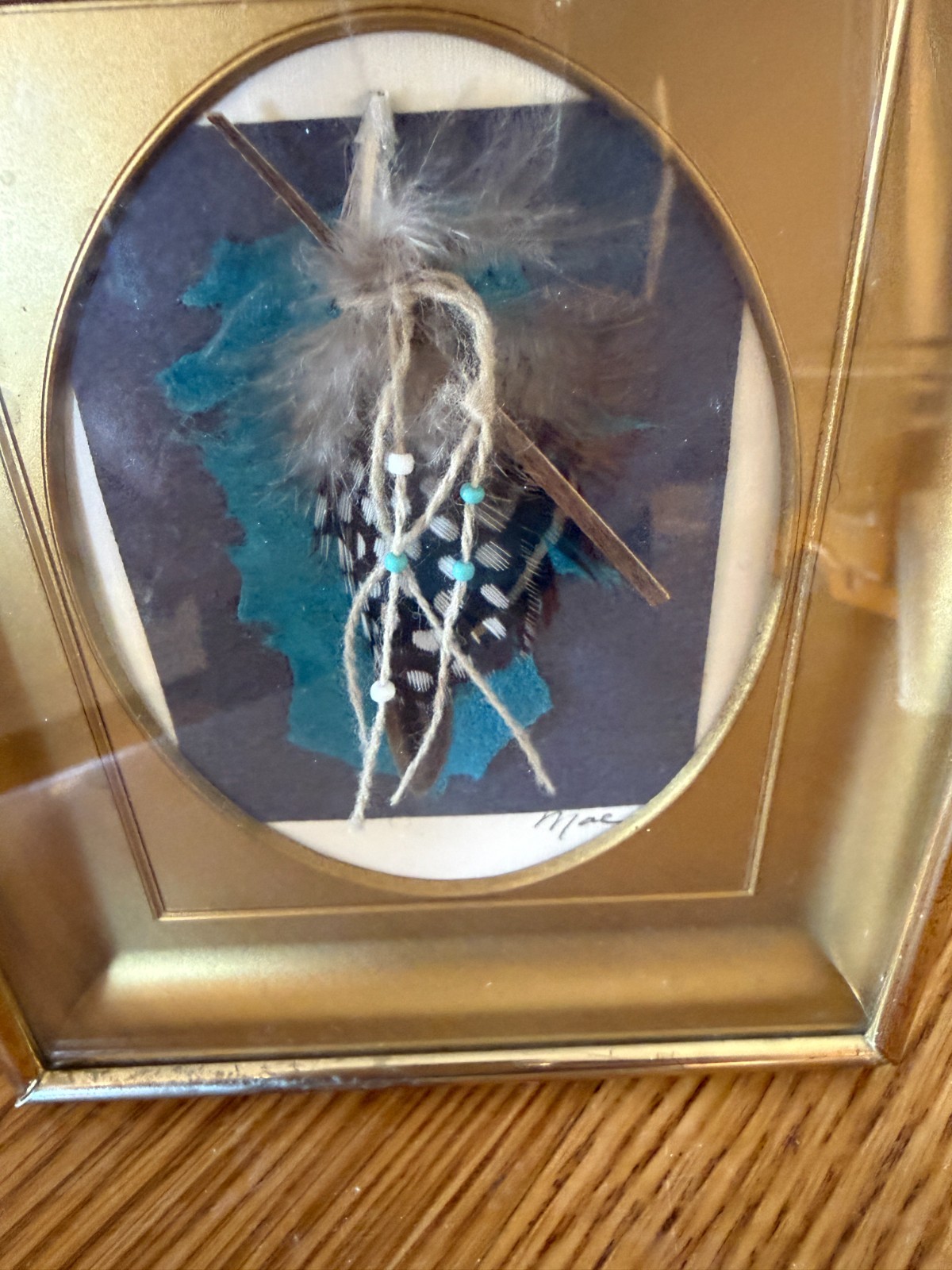 Vintage Hand Painted Feather Framed and Signed Mac 5″ x 6″ Frame