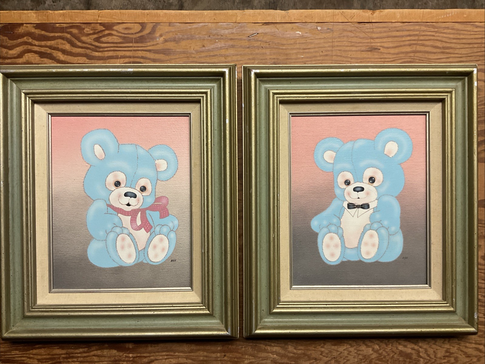 Vintage Wall Art Set Robert Esh Blue Bears Honey & Teddy