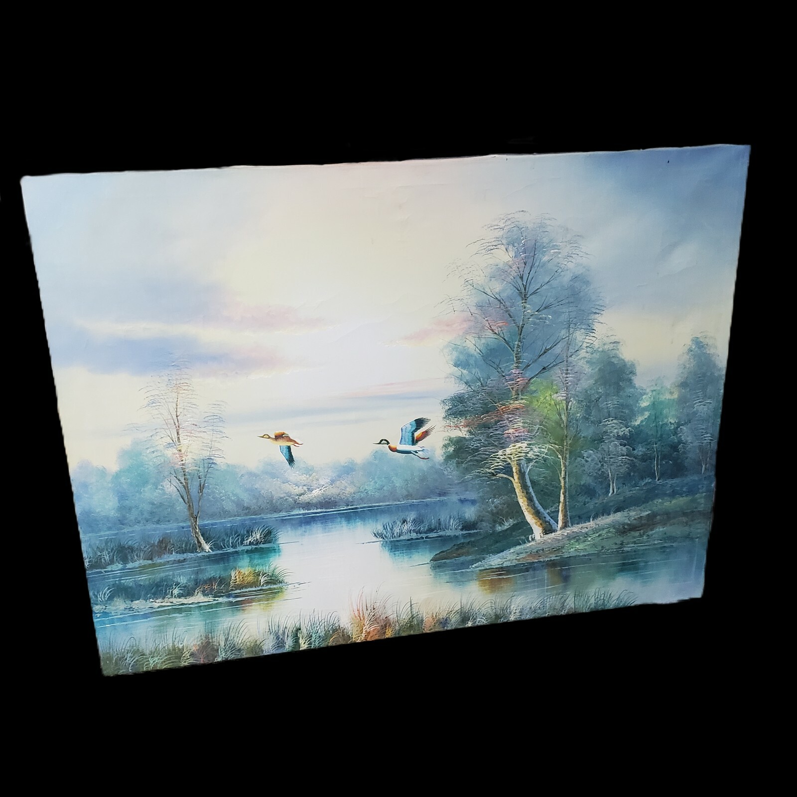 ORIGINAL VINTAGE LARGE UNSIGNED OIL ON CANVAS MALLARD DUCKS FLYING ON POND 48X36