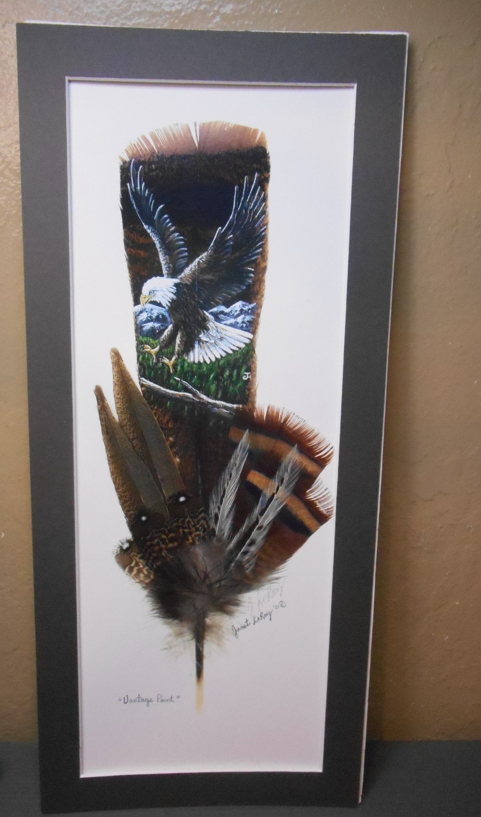 JANET LEROY Original VANTAGE POINT Bald Eagle ARTWORK ON FEATHER 7″x 17″ signed
