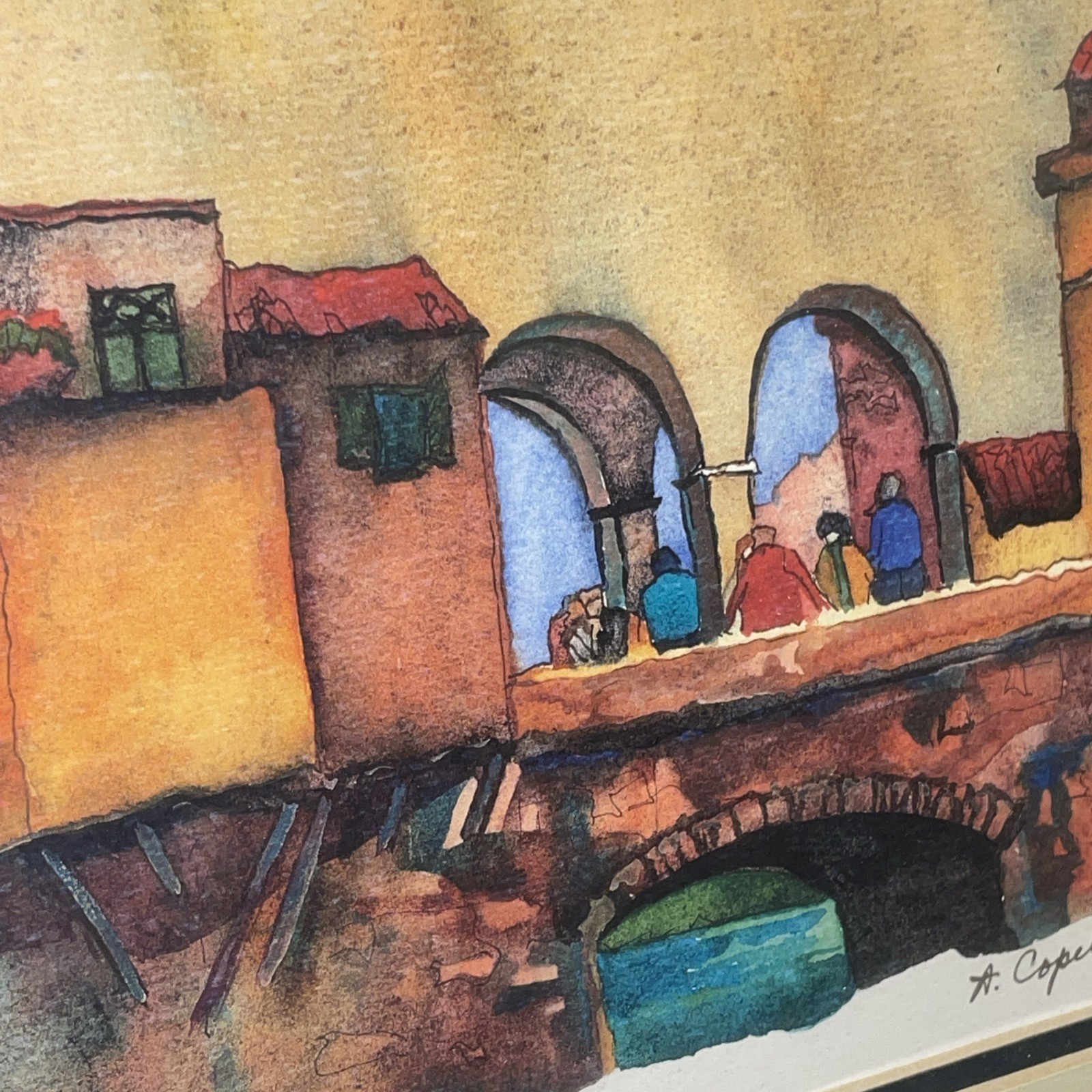 Signed Framed Limited Edition Water Color Painting Pointe Vecchio Bridge, Italy