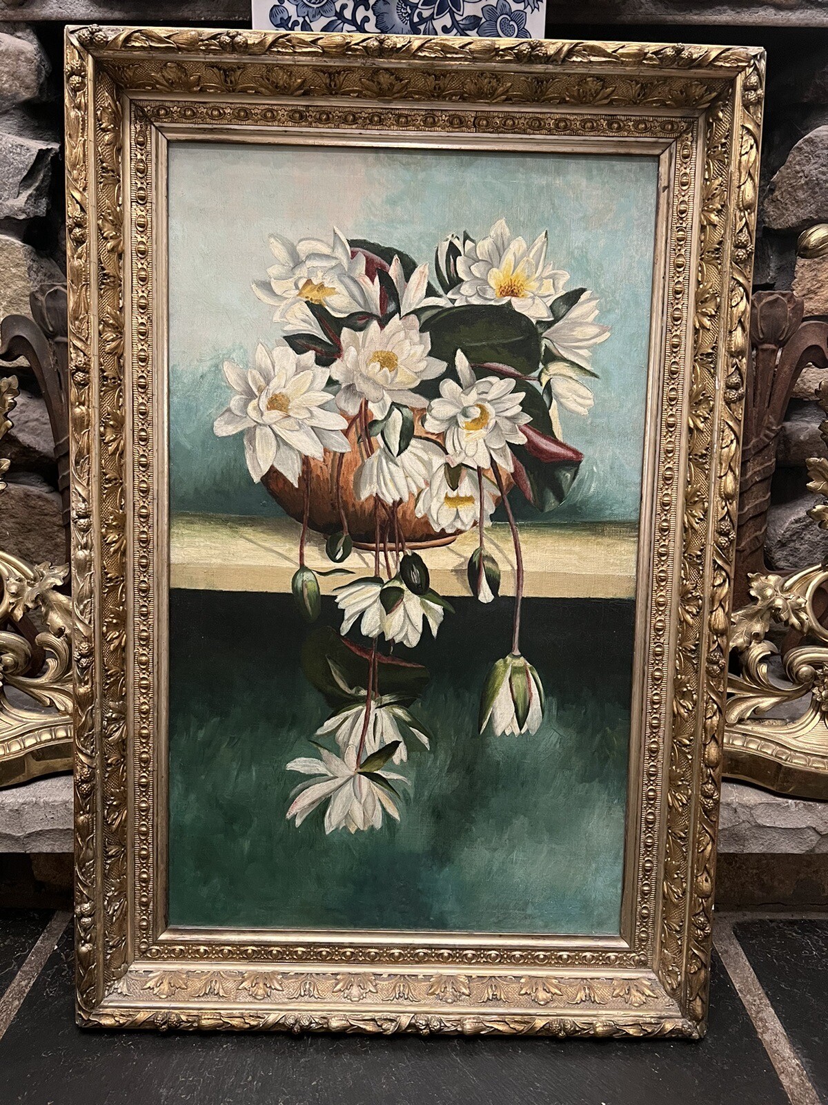 Victorian Aesthetic Water Lily Floral Still Life Oil Painting Gilt Gesso Frame