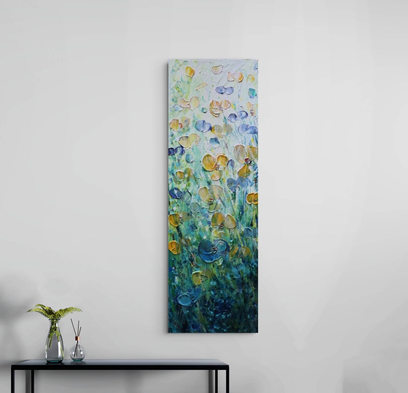 Original Textured Wildflower Painting 8×24 Floral Canvas Art Blue Yellow Flowers