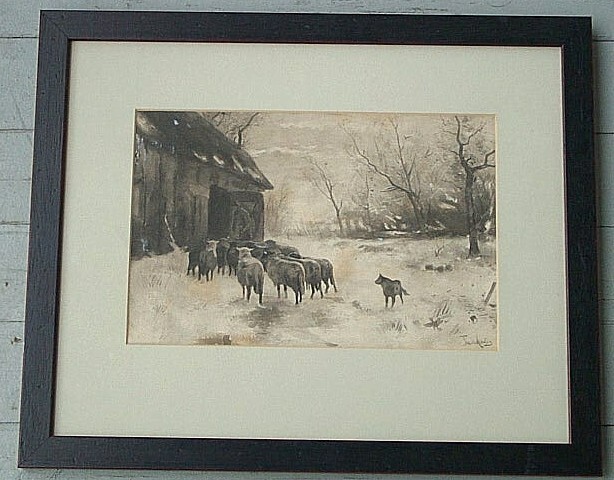 Frans Pieter ter Meulen LISTED Dutch painter signed watercolor of sheep & barn