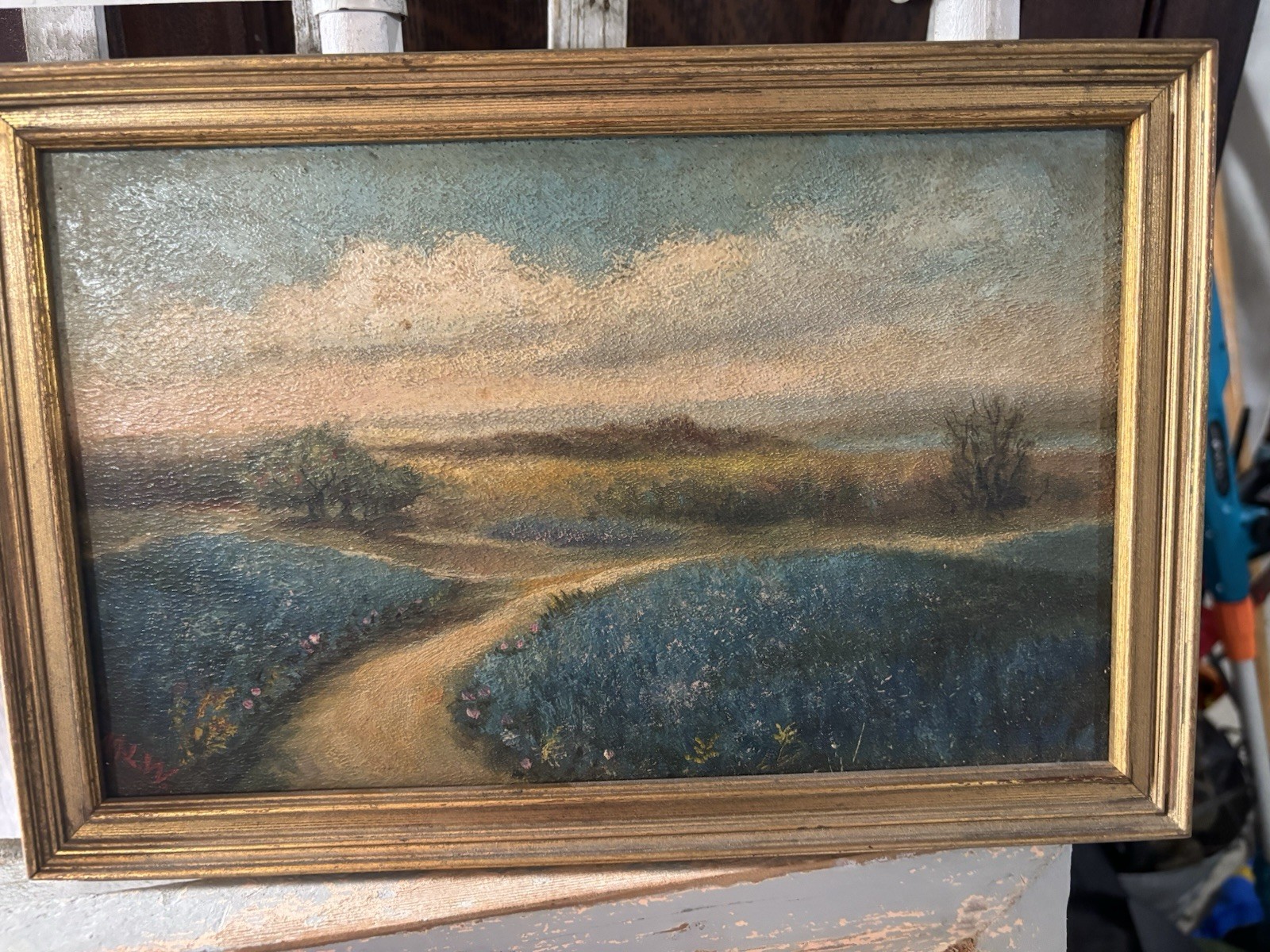 Impressionist Framed Landscape Path Field Trees Sky Painting on board