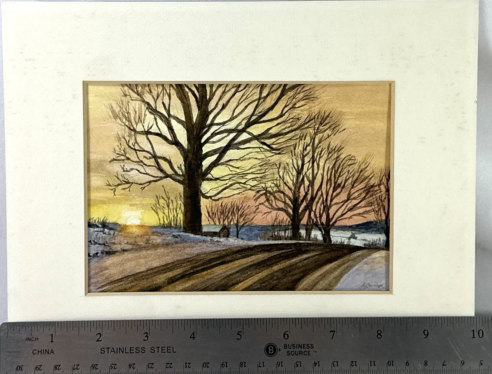 Winter Landscape Watercolor Painting Illegible Signature Matted 10×8 Sunset