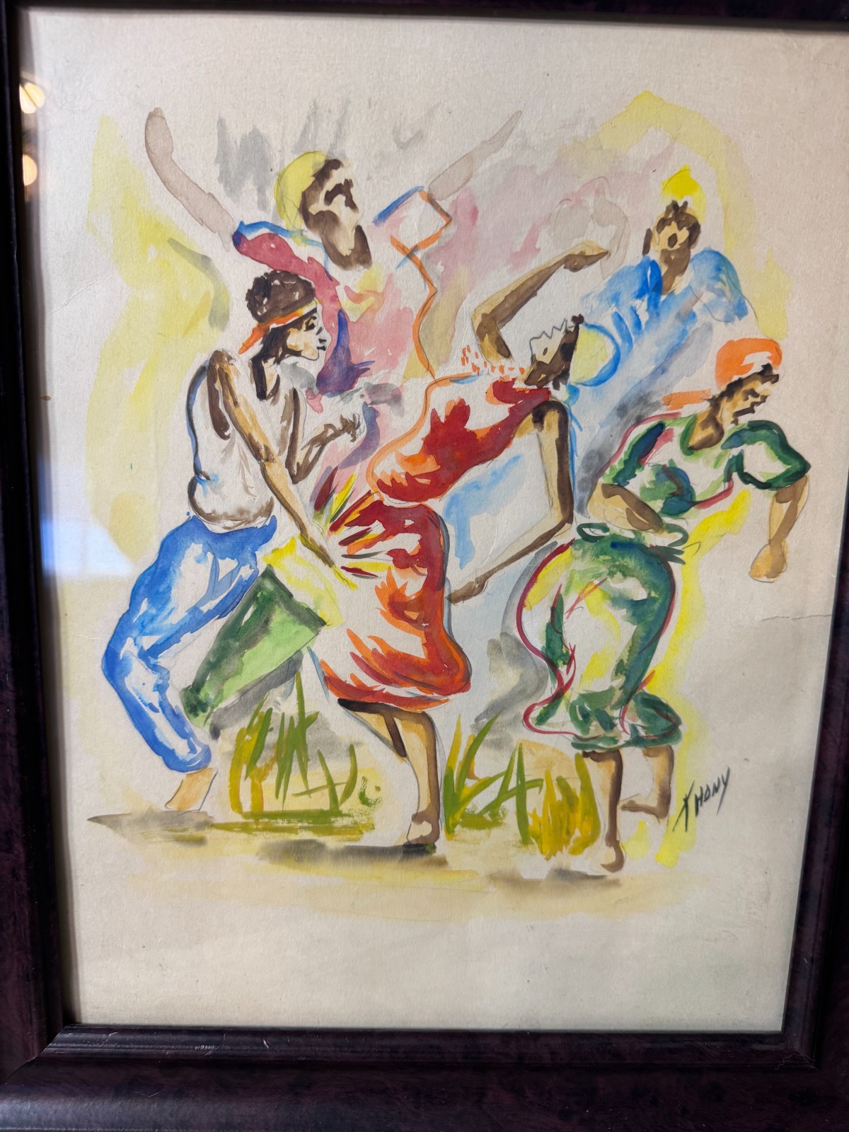 Vintage T Hony «Figures Dancing Scene» Watercolor Painting – Signed And Framed