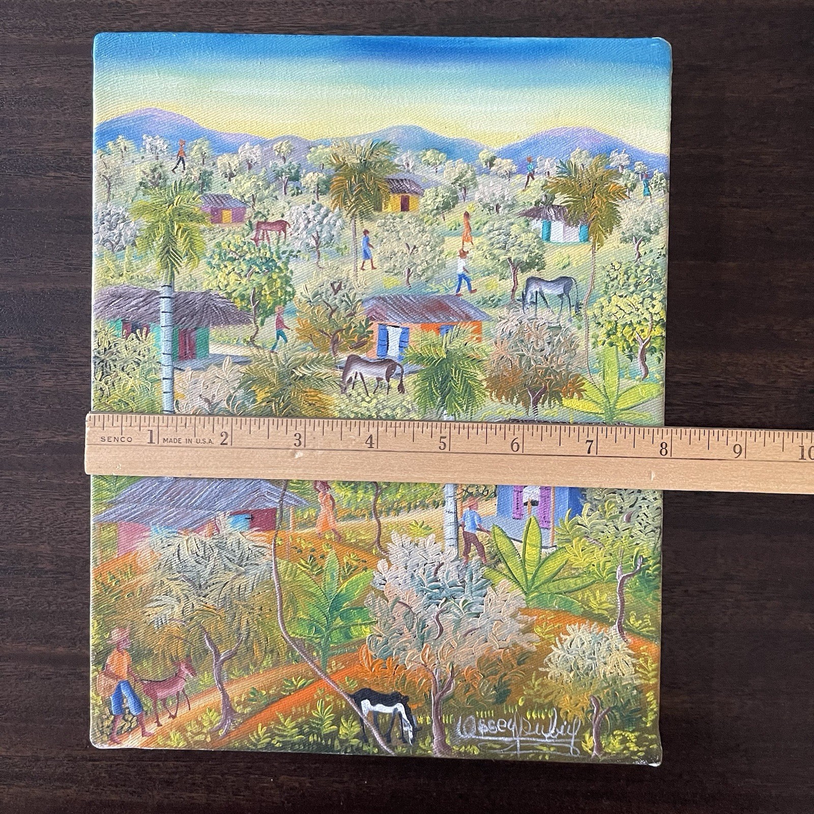 Vintage Ossey Dubic Haitian Folk Art Original Painting Village Life Landscape