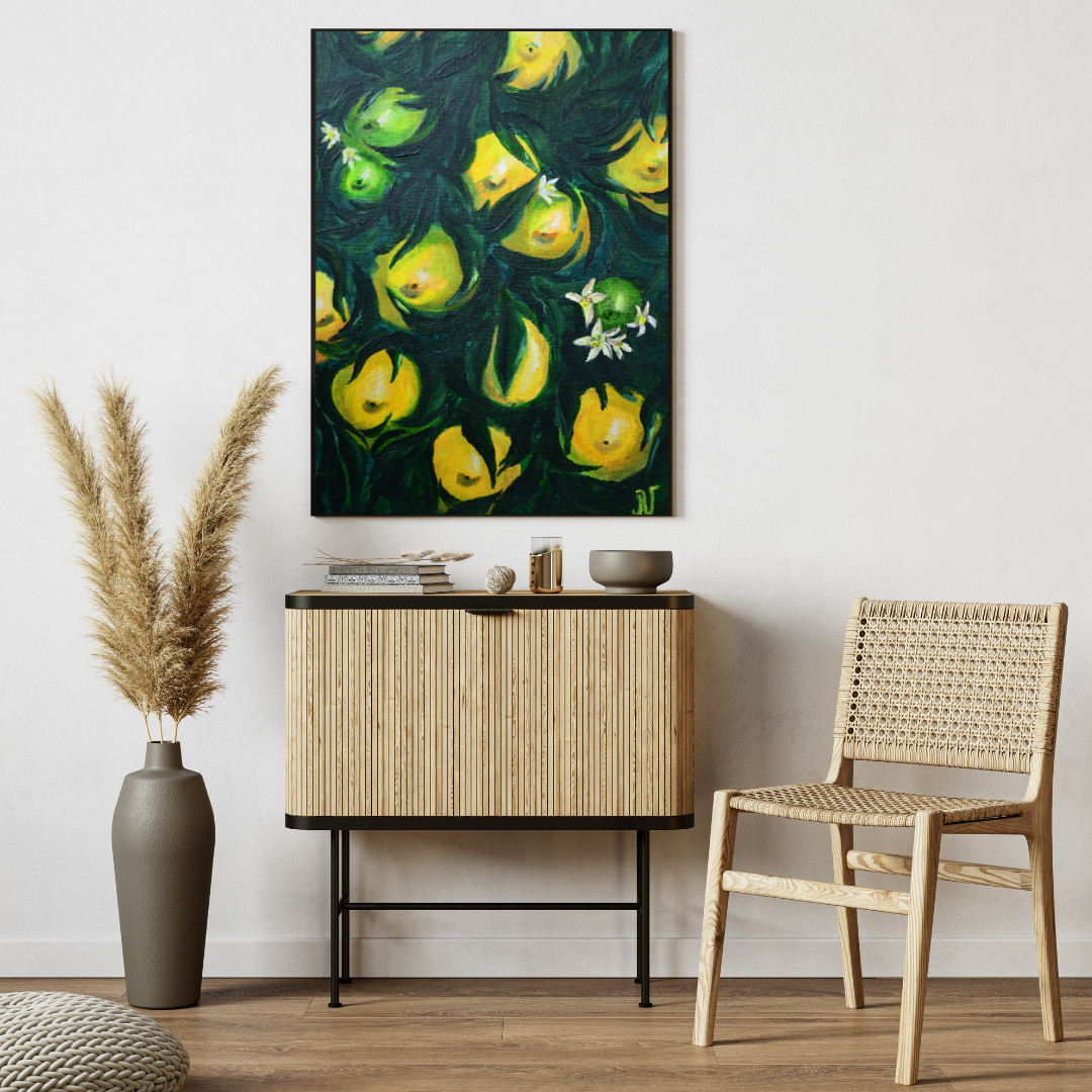 Original Acrylic Painting Citrus Fruit Lemon on the tree with flowers 16×24 in