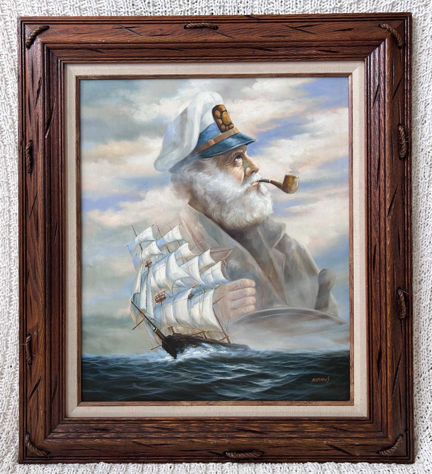 VINTAGE SEA CAPTAIN CLIPPER SHIP NAUTICAL OIL PAINTING WOOD FRAME w/ ROPE ACCENT