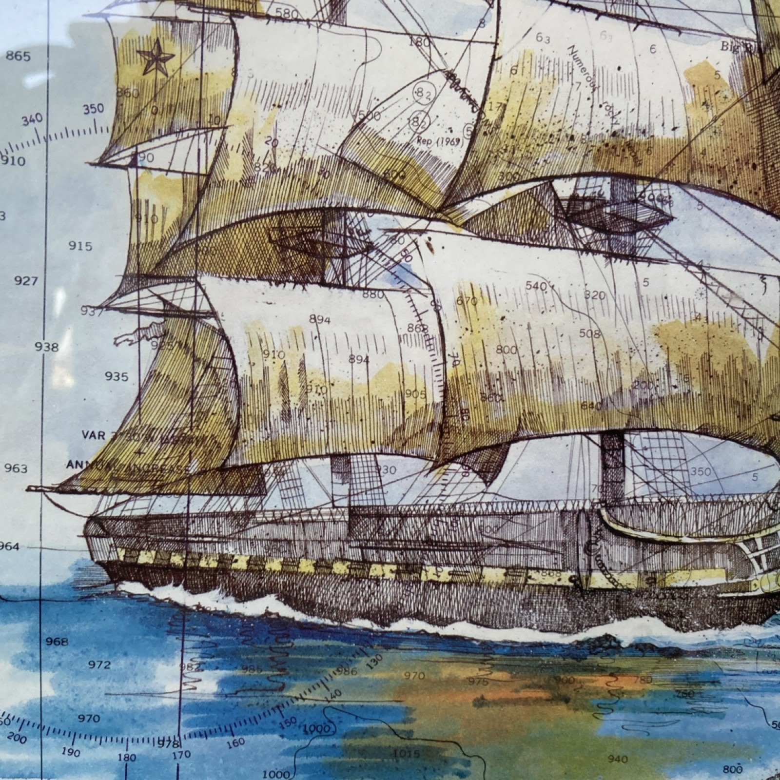 Vintage Framed Sailing Ship Nautical Map Art Marseilles Mirror 1620 Style