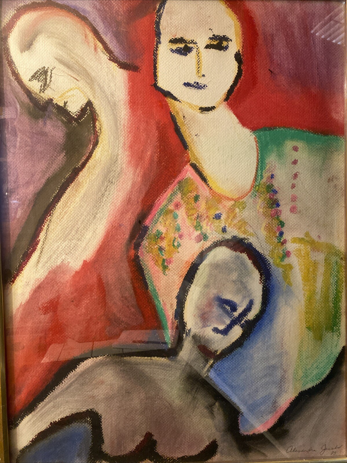 “ALEXANDRA JACOBS” ABSTRACT FIGURAL PASTAL PAINTING SIGNED