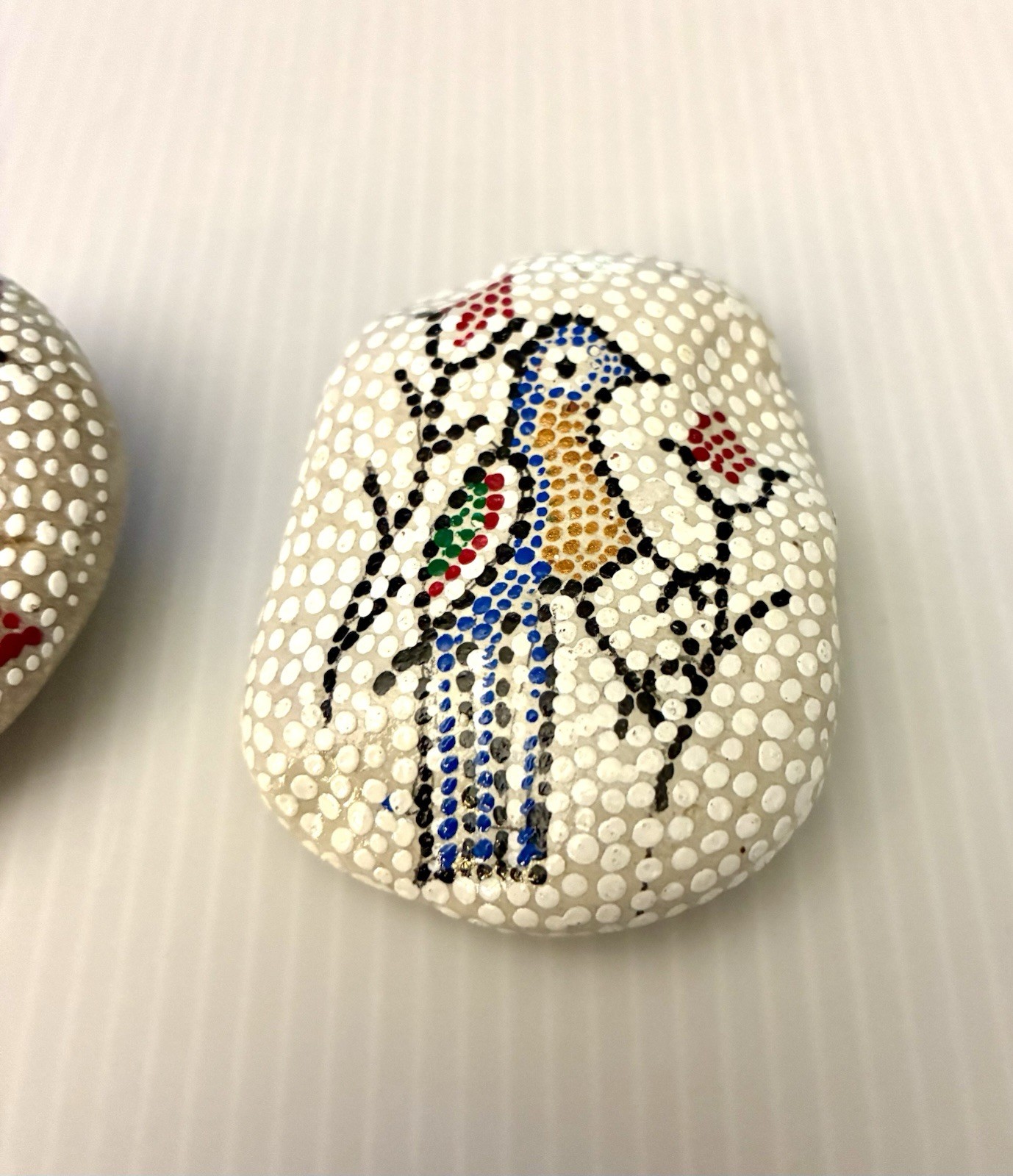 Vtg Artisan Painted Rock | Dot Art 2 Rocks Bird And Flowers Kenya 2000