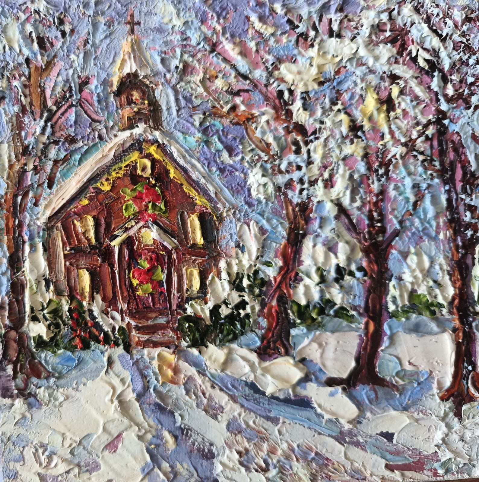 Original Oil Painting Winter Christmas Landscape and Church Artwork 15x15cm