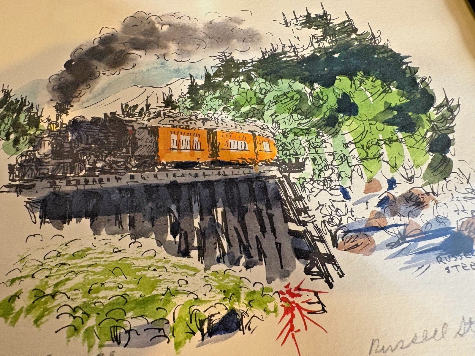 Original Watercolor Ink Painting SIGNED Russell Steel Train Railroad Narrow Gaug