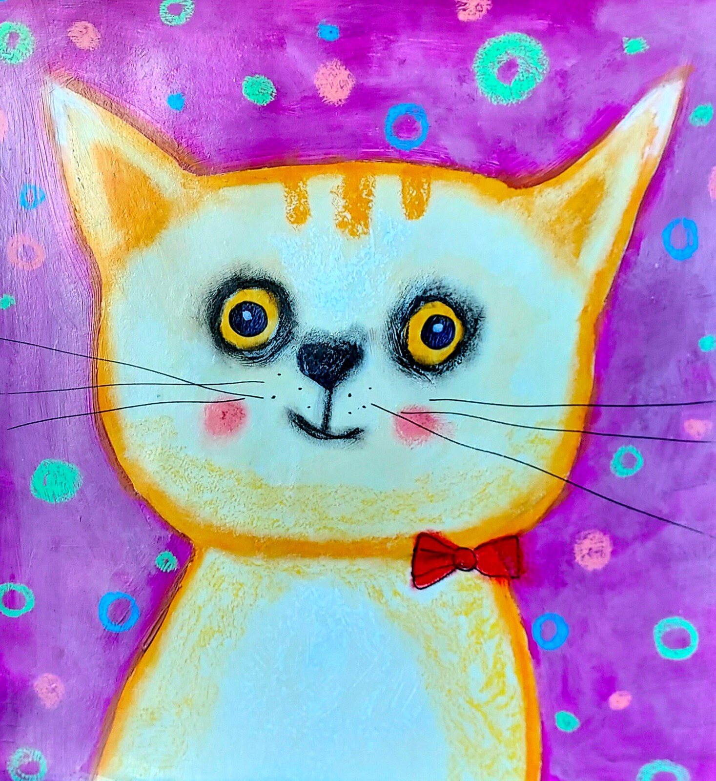 Original Oil Painting Orange Cat Wall Art Animal Kitty Portrait 14×15 inches
