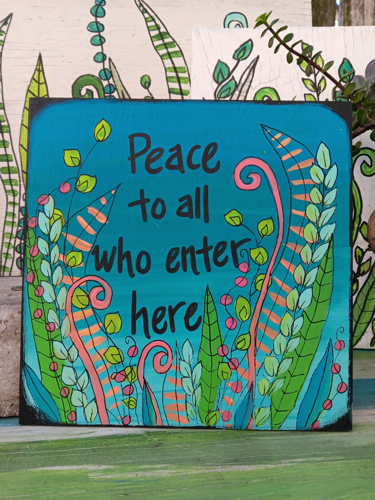 Peace to all who enter here Acrylic Painting on 10×10″ wood panel, welcome sign