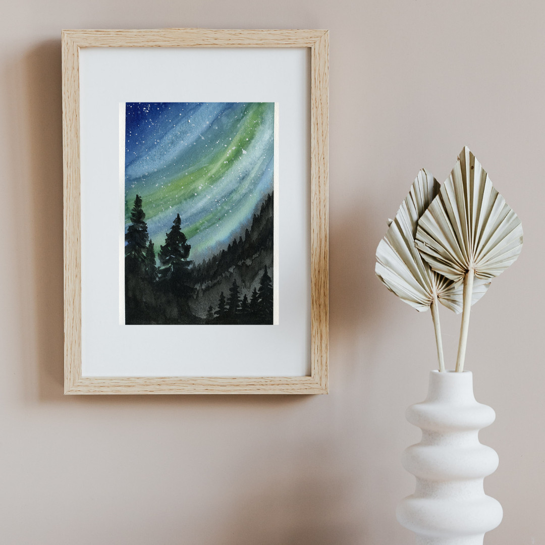 «Aurora Borealis in Teal» OOAK Original Watercolor Painting 6×9 inches