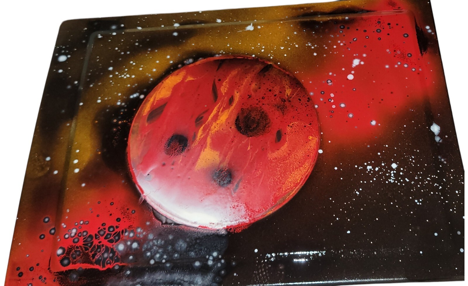 Spray Paint Art. 10×13 Red Planet In Space, Plastic Canvas. Original Signed