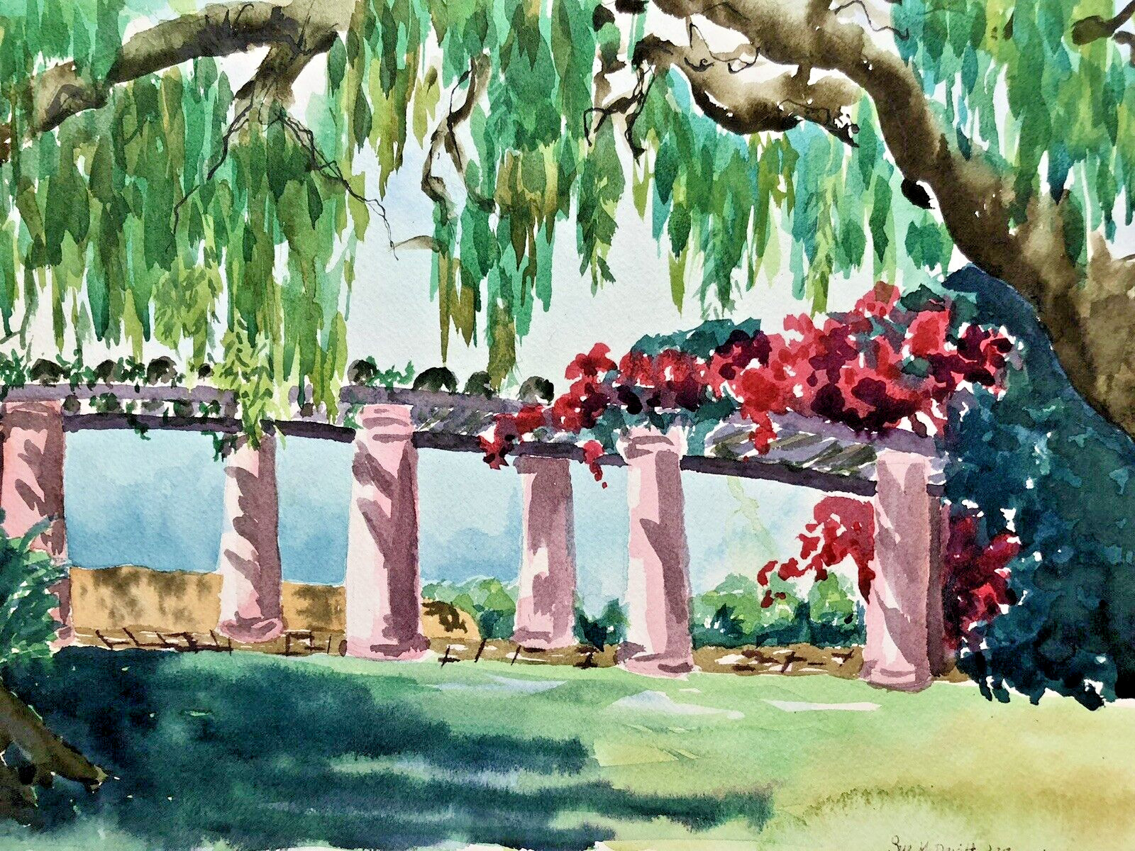 Vintage California Watercolor Painting Floral Arbor Presidio Park San Diego