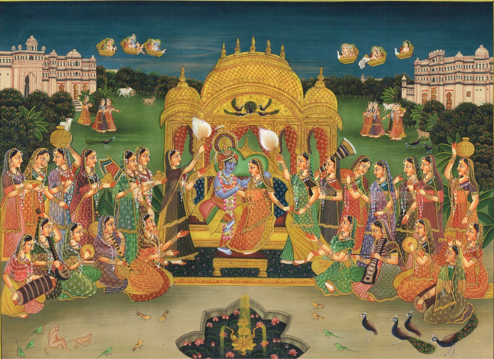 Hindu Religious Painting Of Krishna And Radha Love Scene For Wall 17×13.5 inches