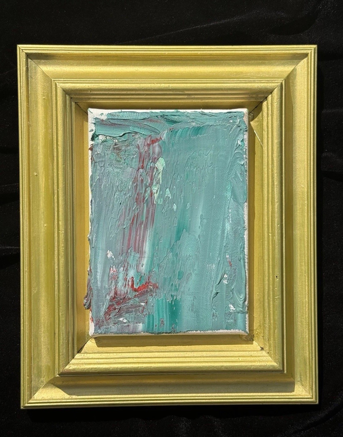 Abstract Impasto Oil Painting Teal & Crimson Original 2023 Gold Frame 12×10”