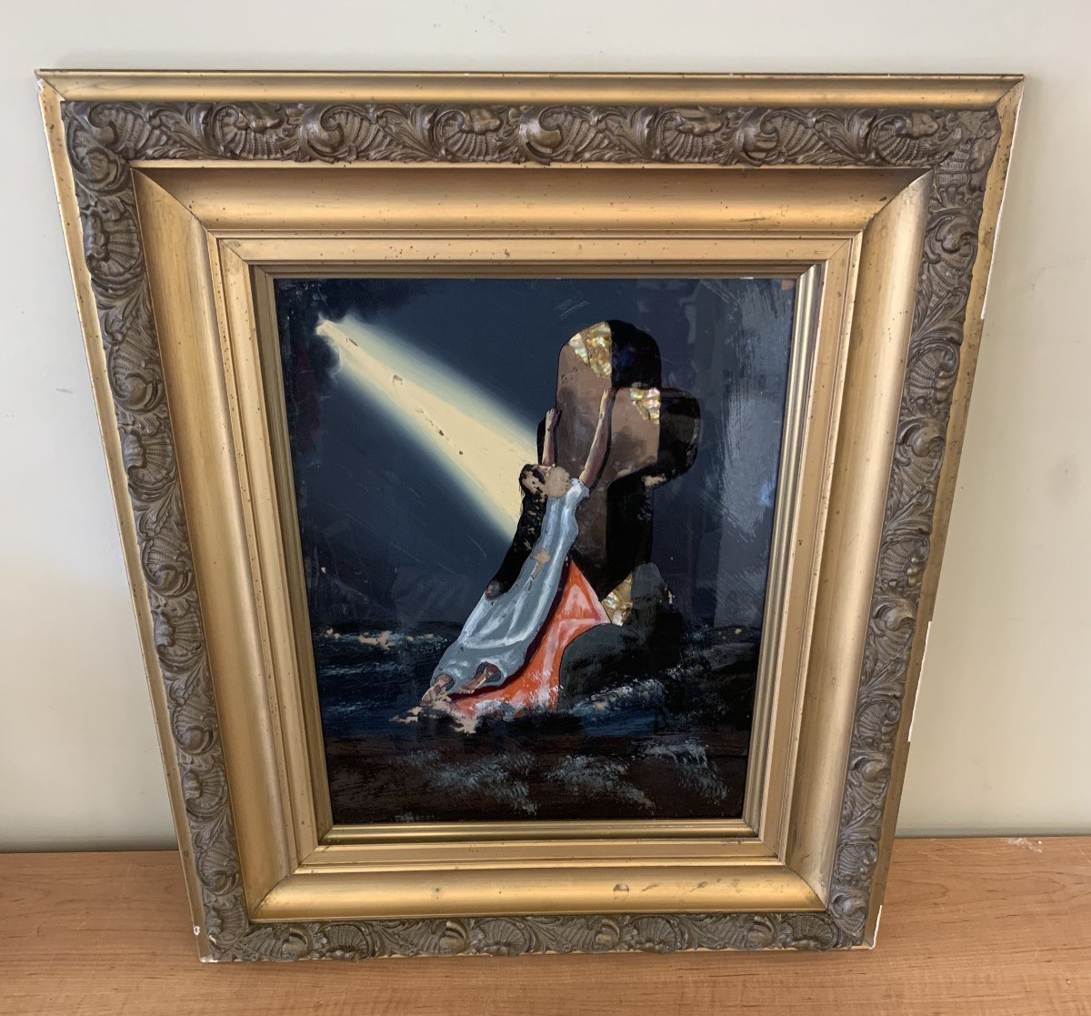 Antique Rock Of Ages Reverse Glass Painting Religious Folk Art Tattoo Victorian