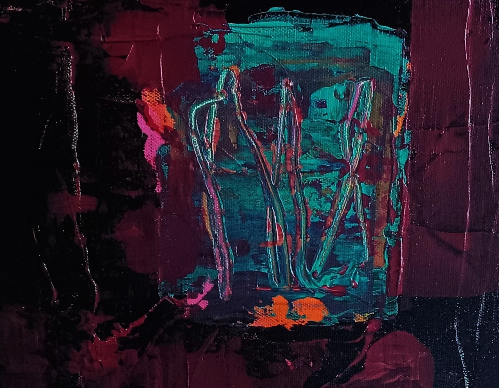 Small abstract original black turquoise blue pink red ochre «Beneath The Stars»