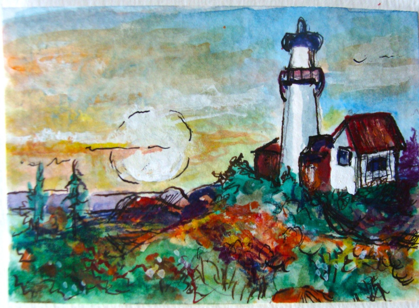 Original watercolor and ink painting on paper ACEO art Lighthouse Tarrantts