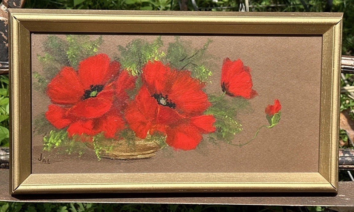 Original Jac Flitcraft Oil Painting Red Poppies Signed #’d Framed 1987 13×7”