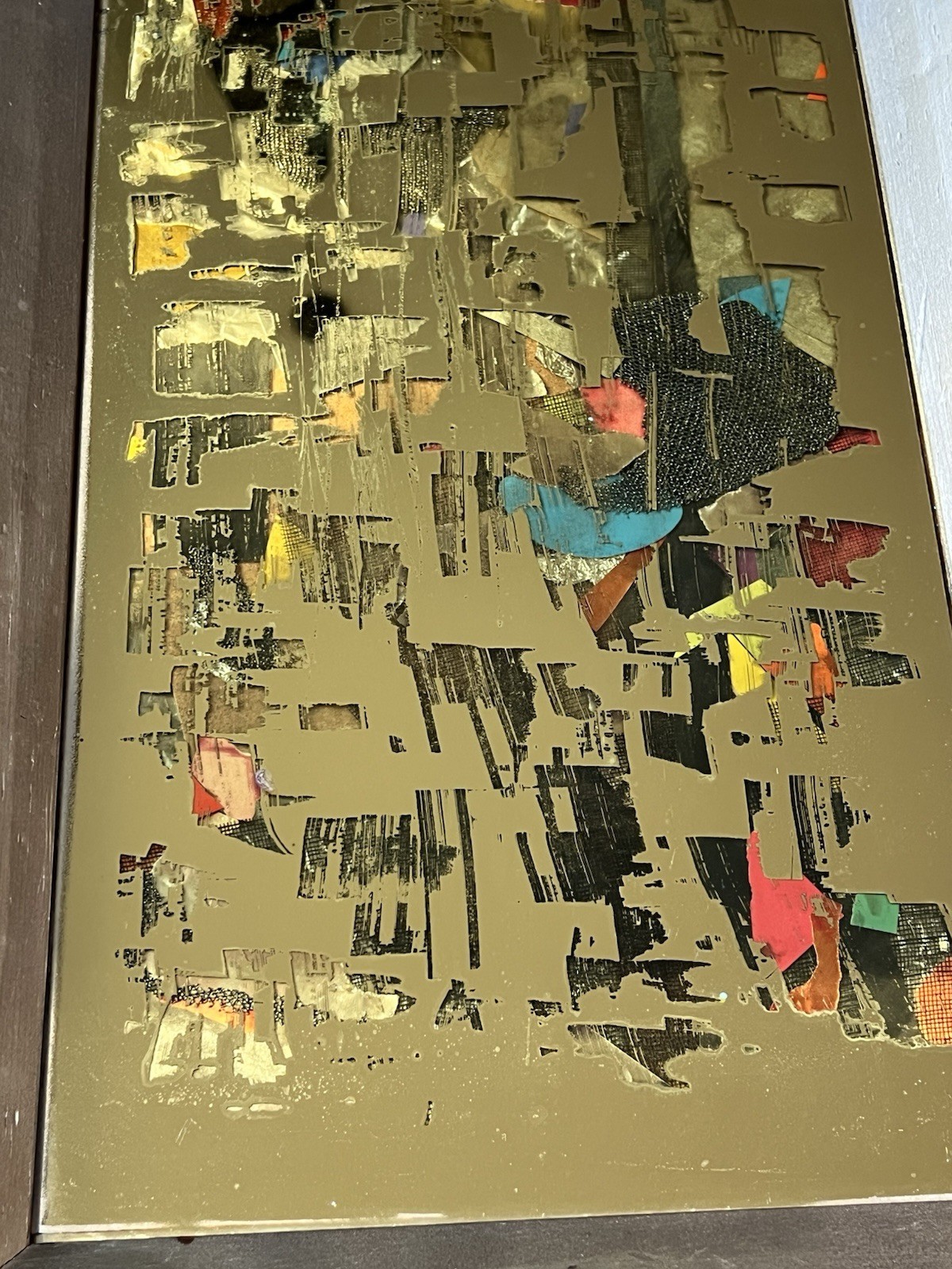 MCM Brutalist Reverse Glass Mirror Art Signed Mixed Media Wall Sculpture 25″