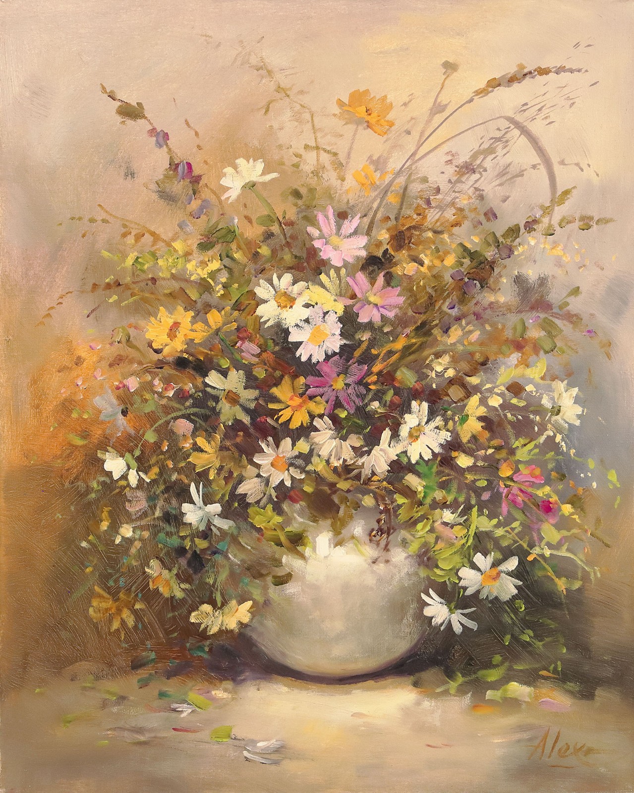 ALEX Signed Vintage cMid-Late 1970s Painting FLORAL STILL LIFE in WHITE VASE