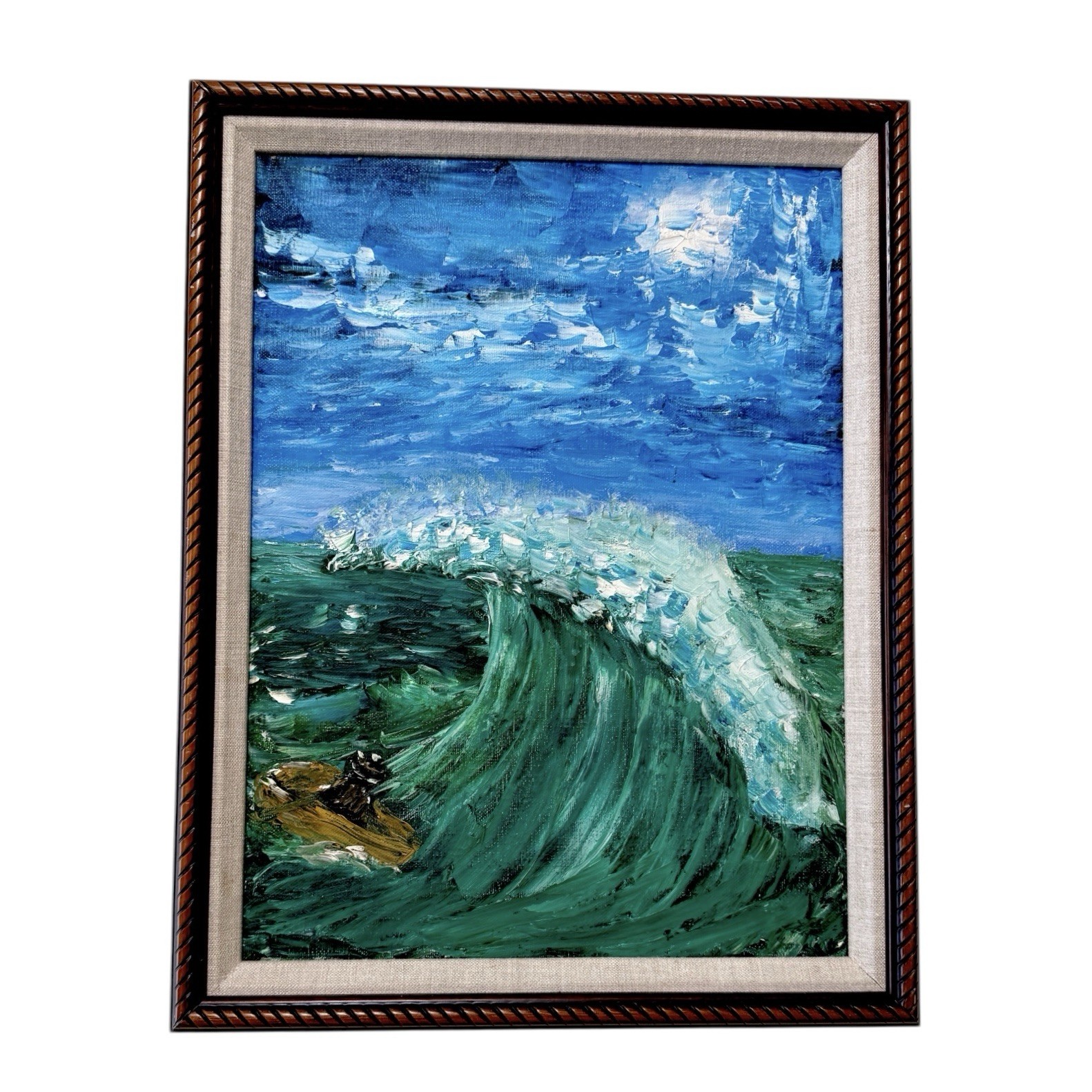Original OOAK Framed Impasto Ocean Wave Beach Boat Seascape Painting.