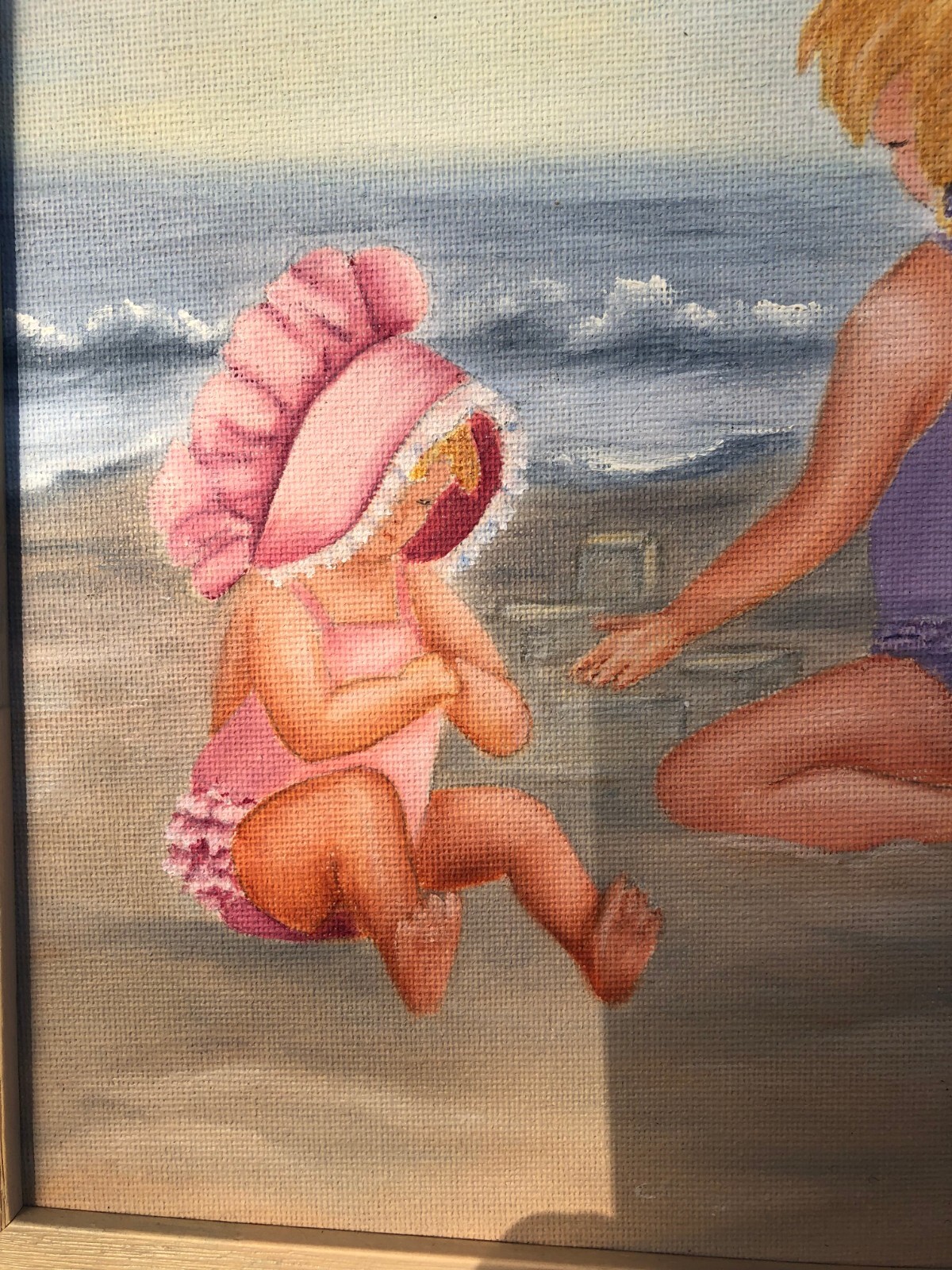 Young Girls Playing on The Beach, Original Oil Painting by Marcy Wright,, FRAMED