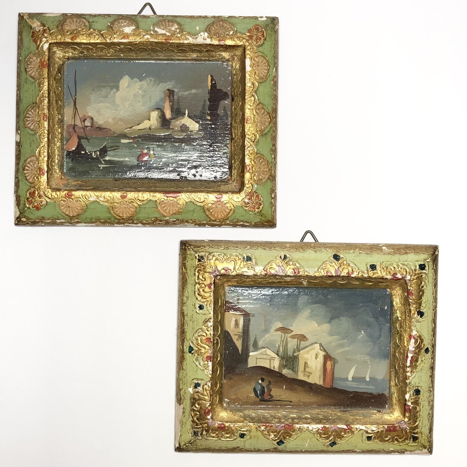 2 Vintage Italian G.B. Florence Wood Prints Gold Gilt Paint Border
