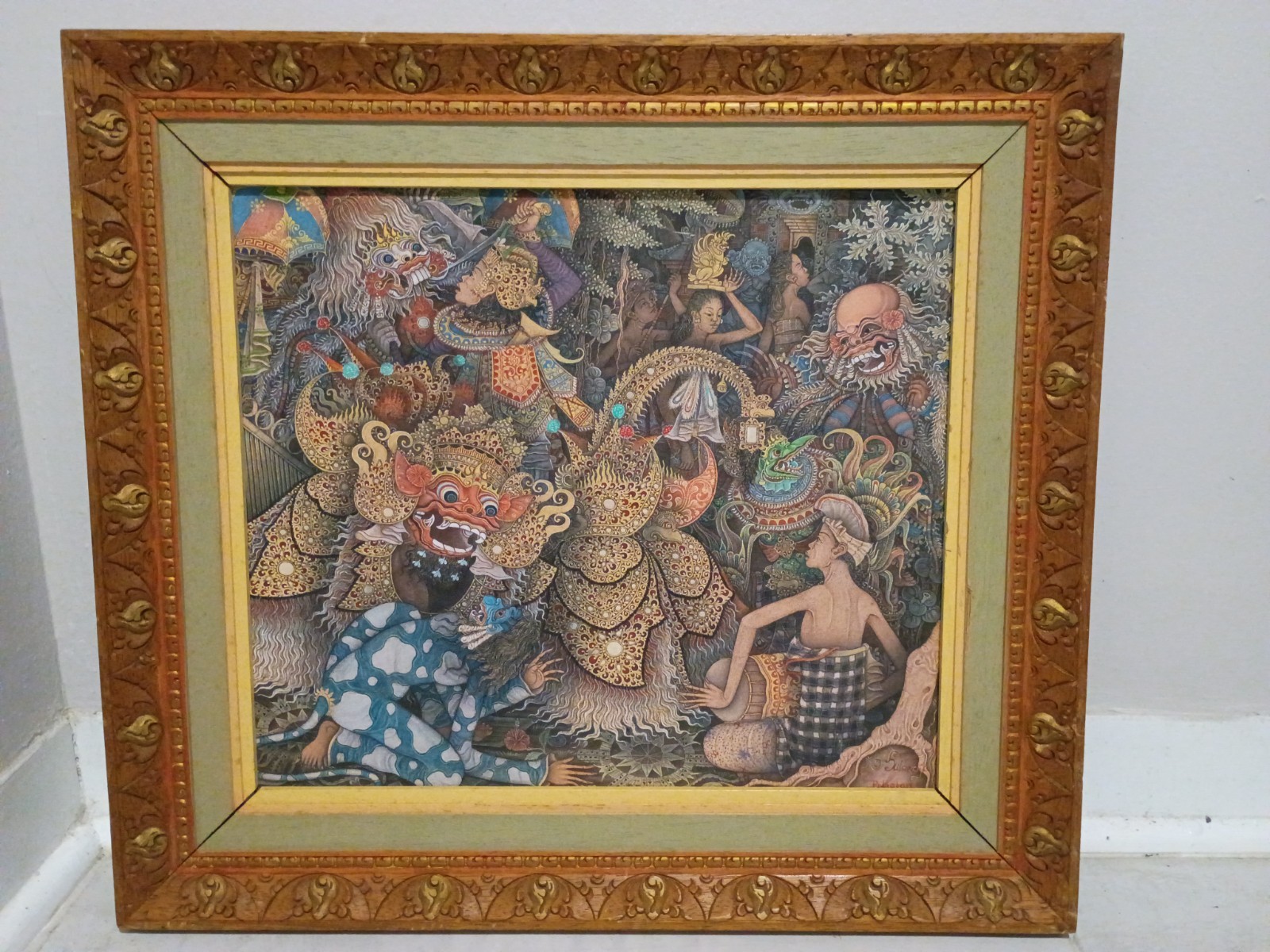Vintage Balinese Hindu painting original  signed carved wooden frame 