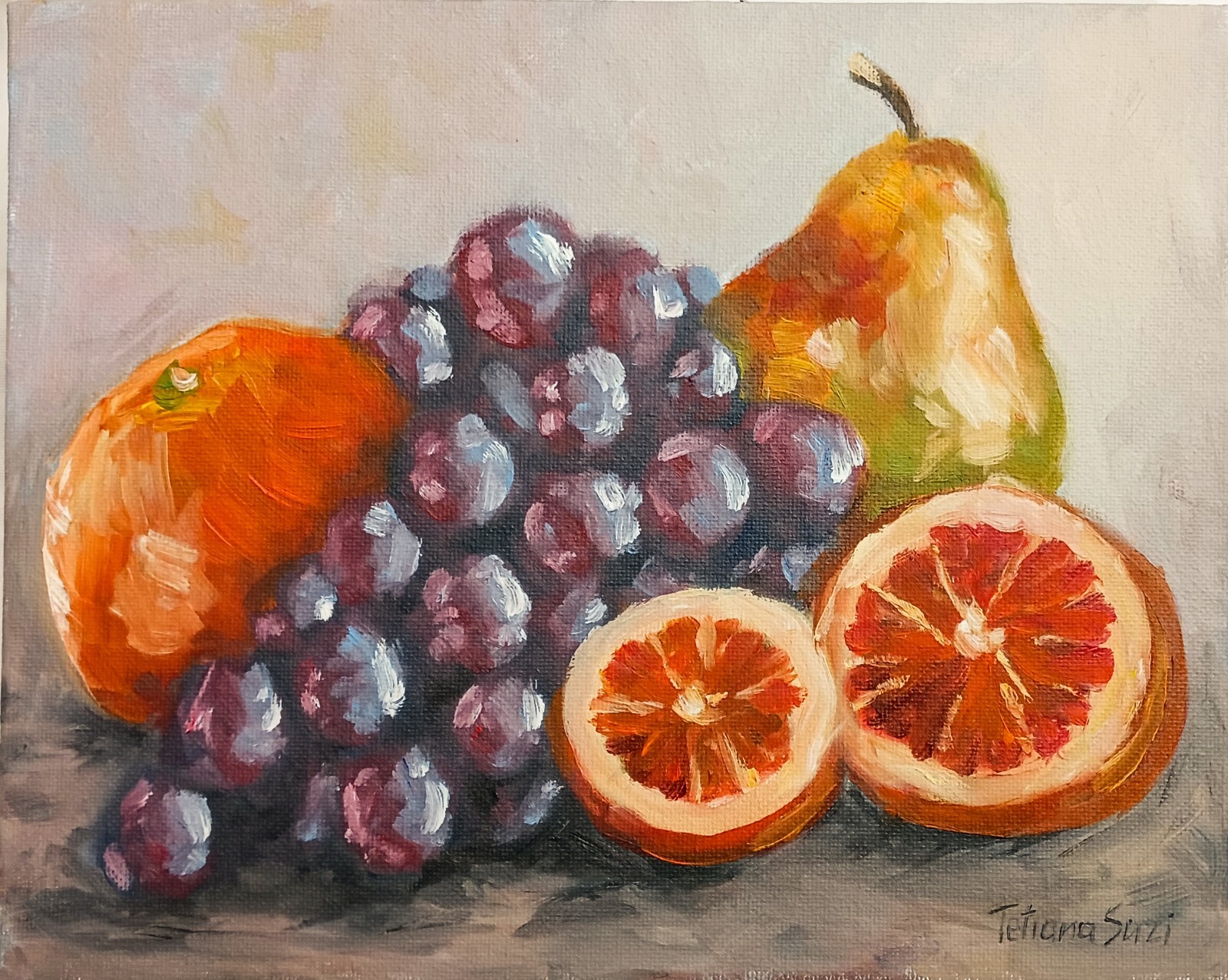 ORIGINAL Oil Painting Kitchen Still Life Pear Grapes Food Fine Art 8″x10″