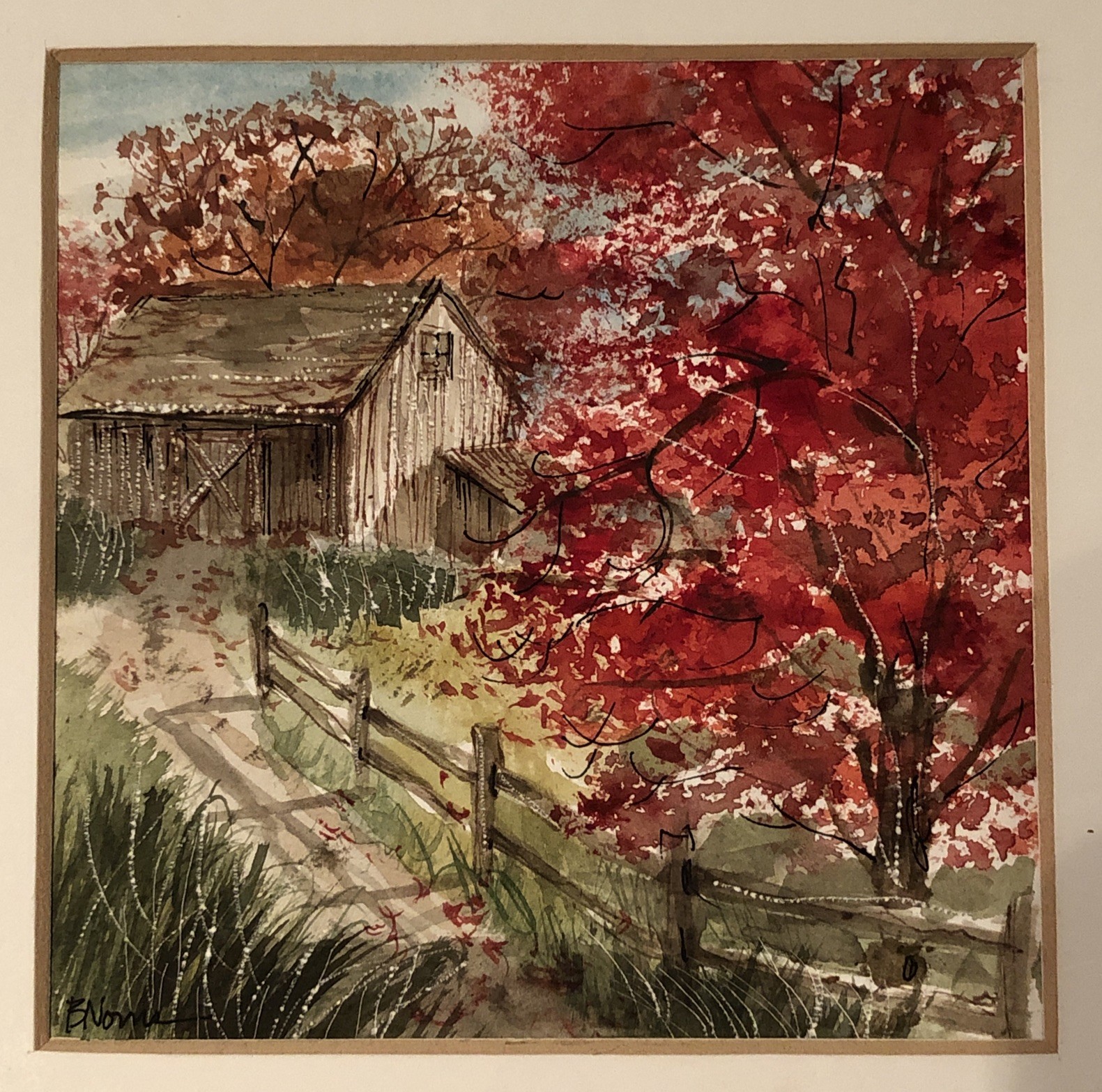 Vintage Original Watercolor Painting Signed B. Norris Bucolic Rural Barn 5×5”
