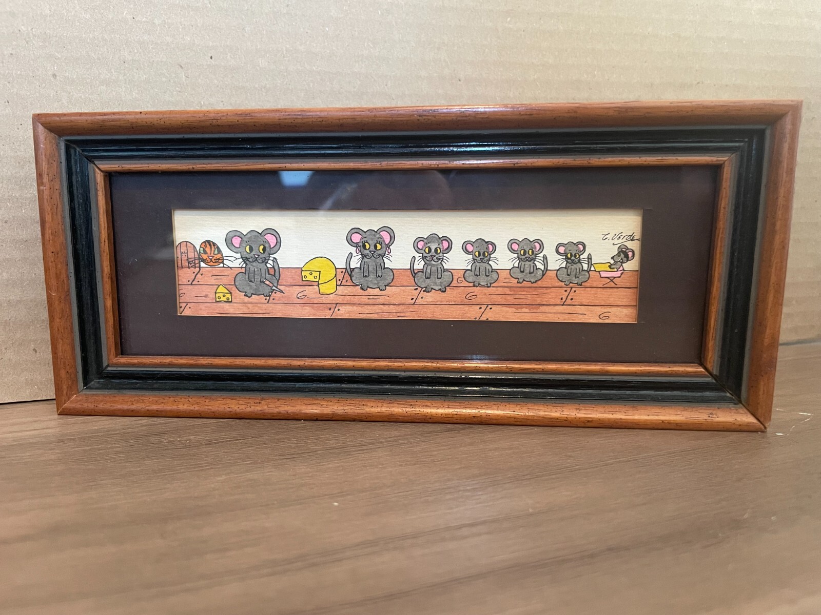 CAT & MOUSE Watercolor Framed/Signed 8 x 3 1/2