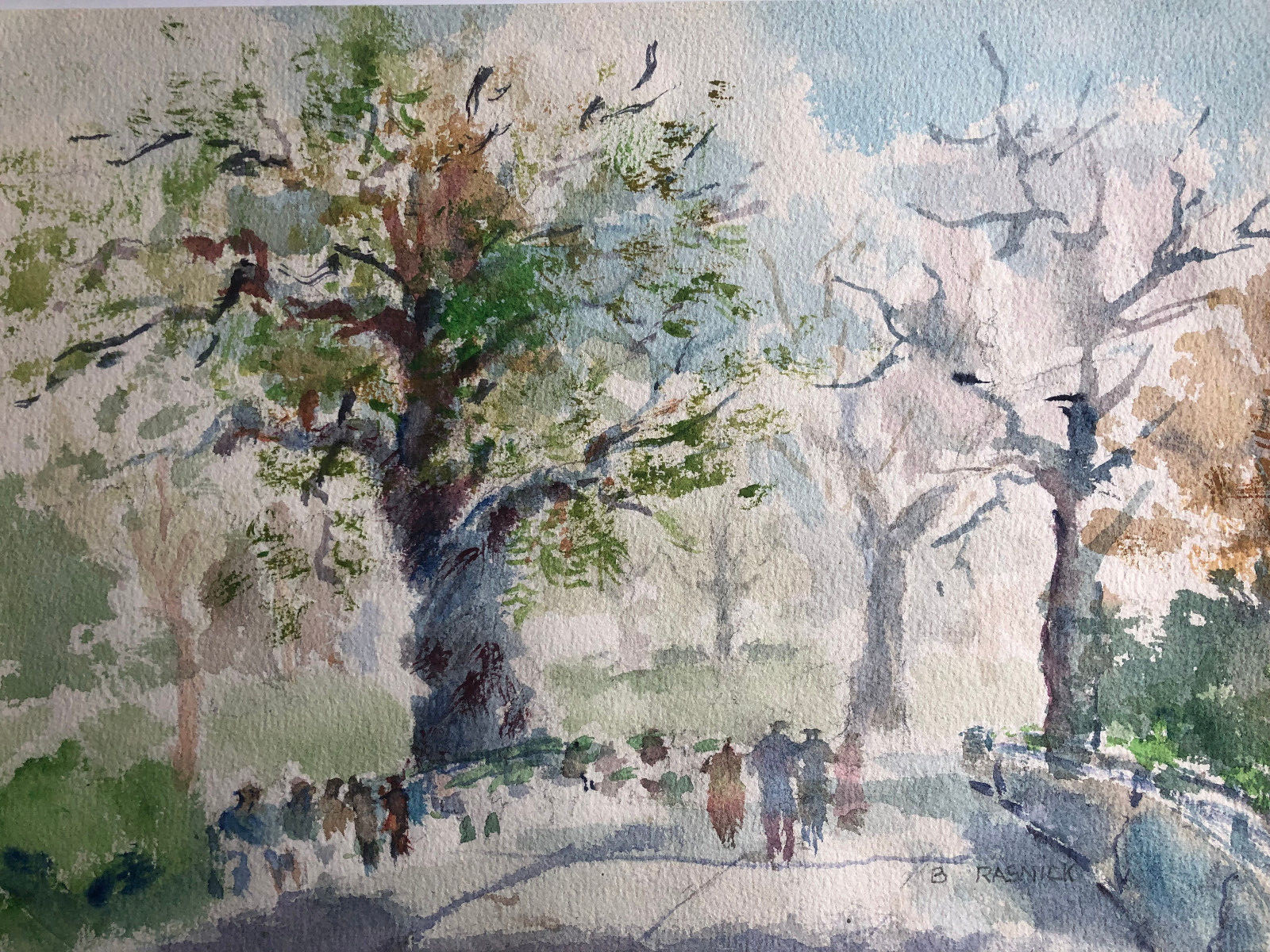 People in a Park Watercolor 8 5/8 x 12- Circa 1950s-B. Rasnick