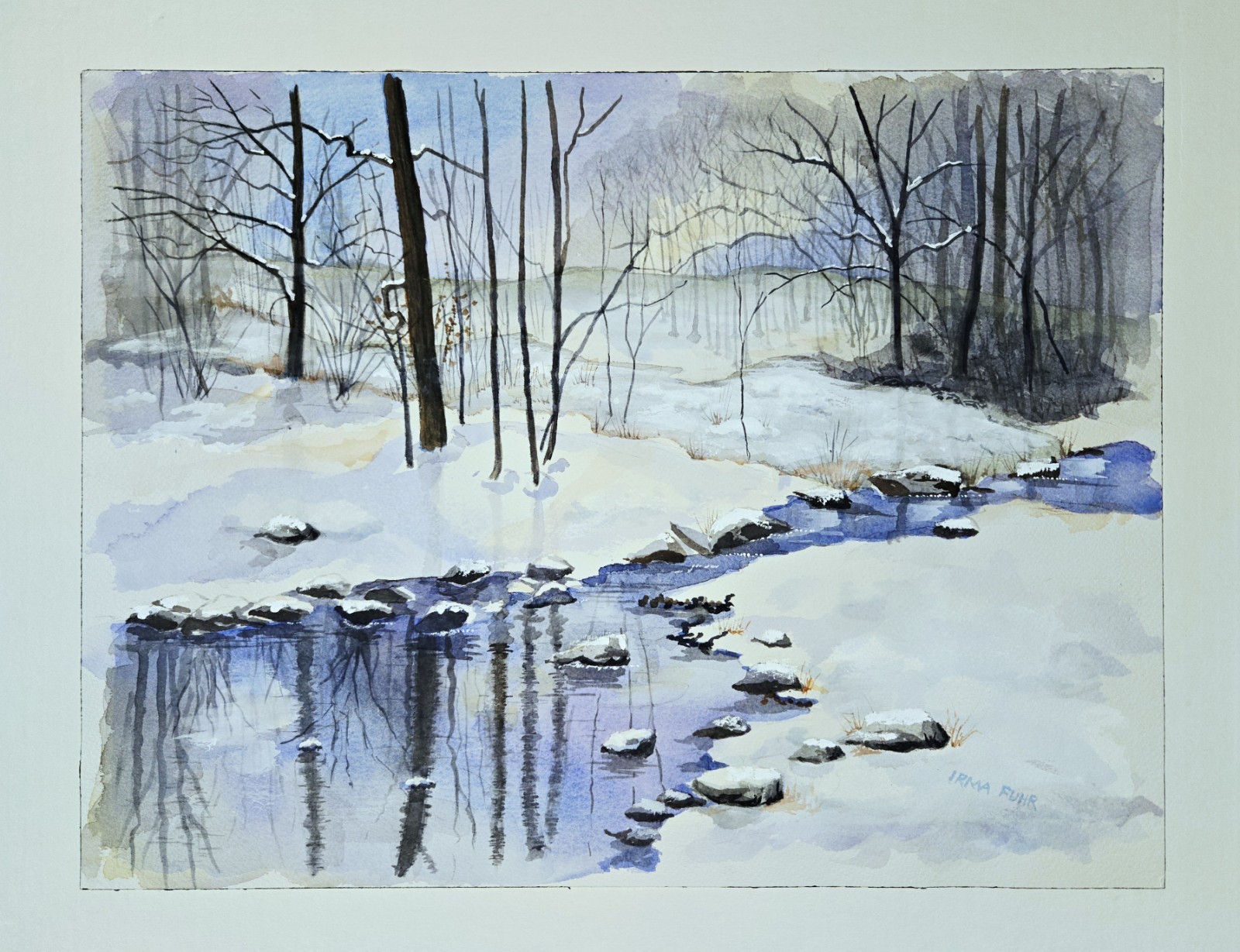 ORIGINAL IRMA FUHR WATERCOLOR PAINTING SIGNED NEW JERSEY WINTER STREAM ARTWORK