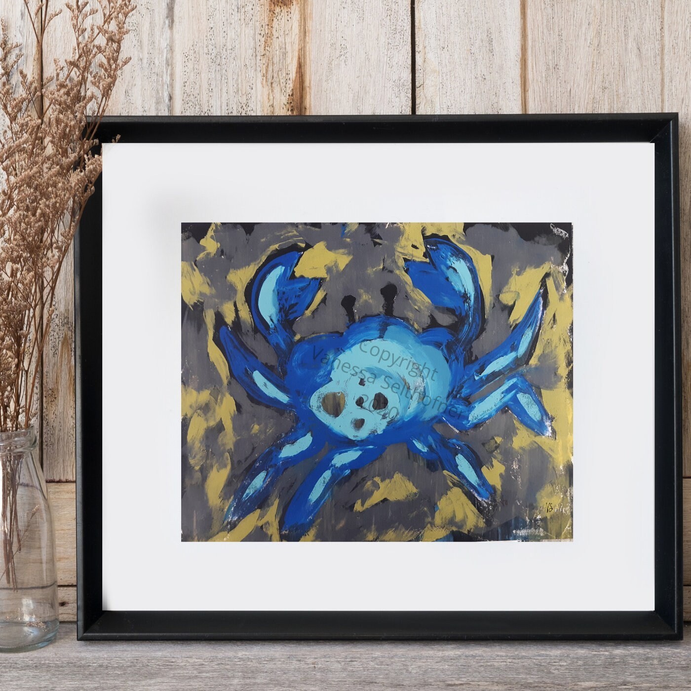 Original Blue Crab Painting Coastal Wall Art Nautical Beach Decor Sea Life 8×10