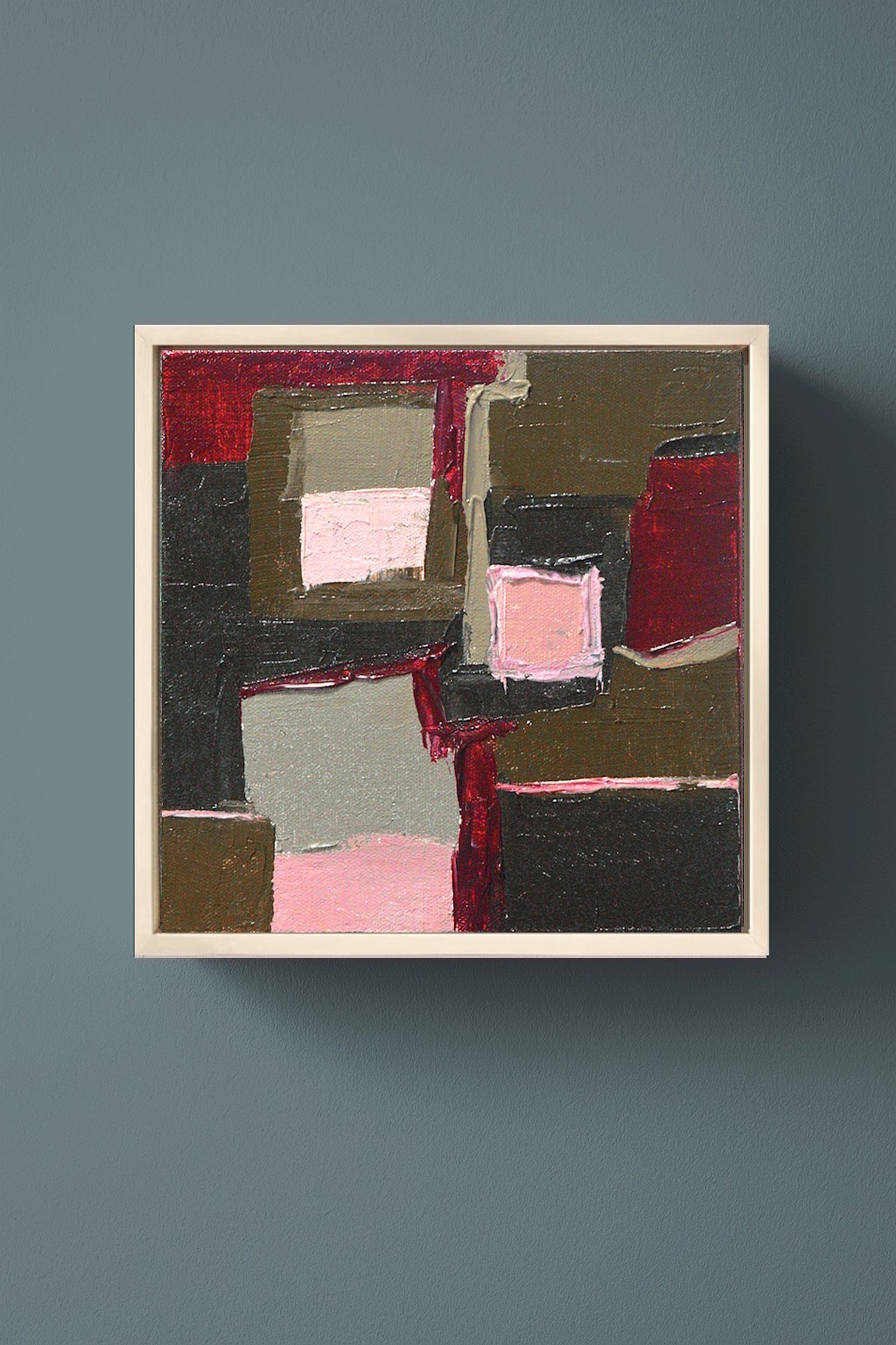 Framed Geometric Abstract Oil Painting Bold Red Pink Olive Green Textured Wall A