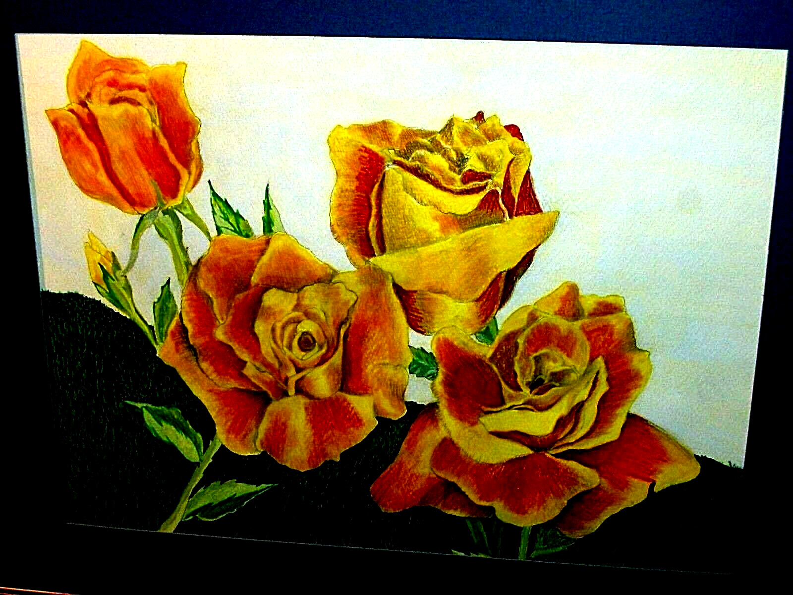 Gorgeos Yellow Roses Green Field VINTAGE ORIGINAL Signed B Drennan Pastel Art