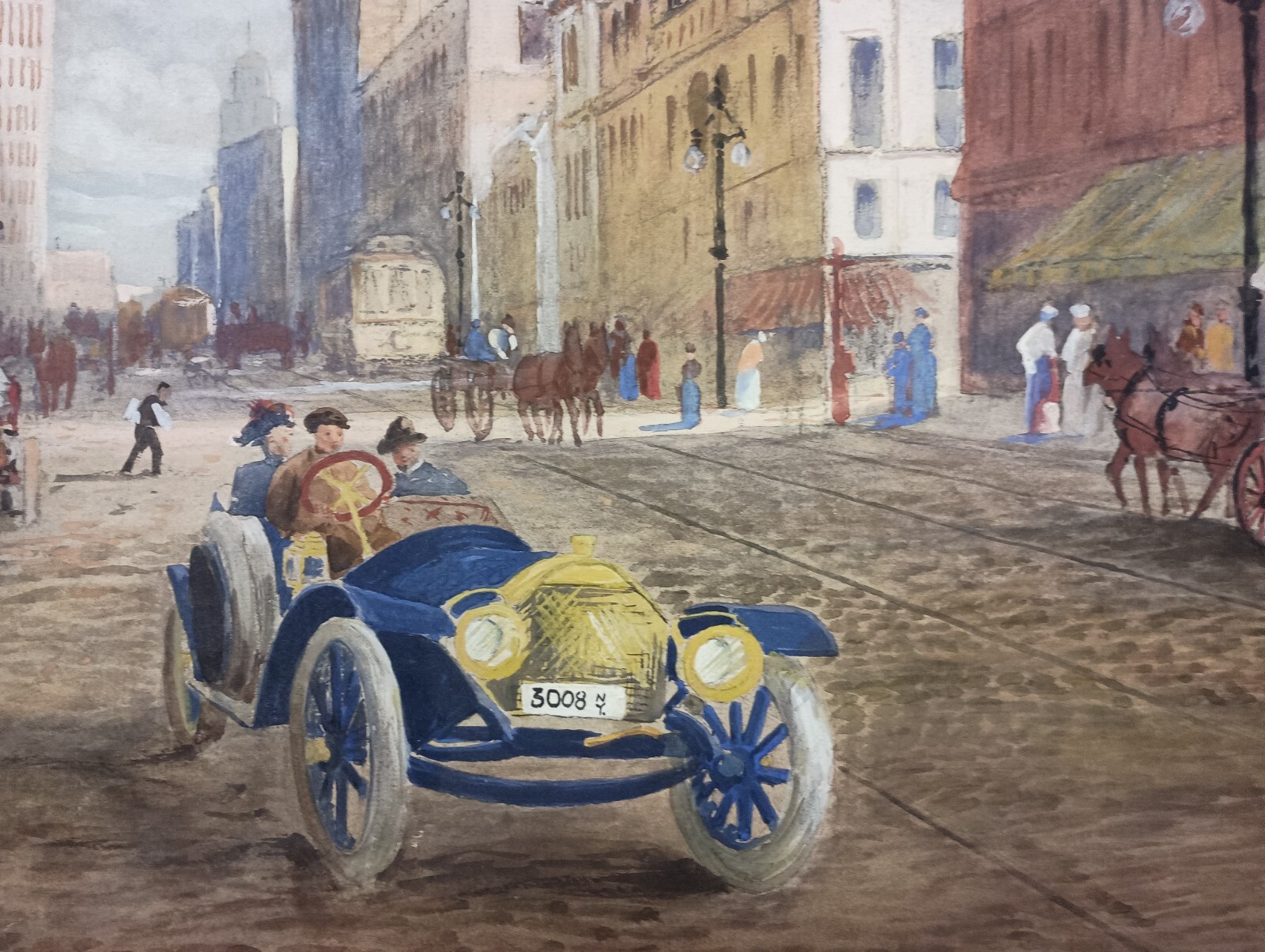 SETH JONES Original Framed Cityscape Signed 1910 New York Horse & Auto Painting