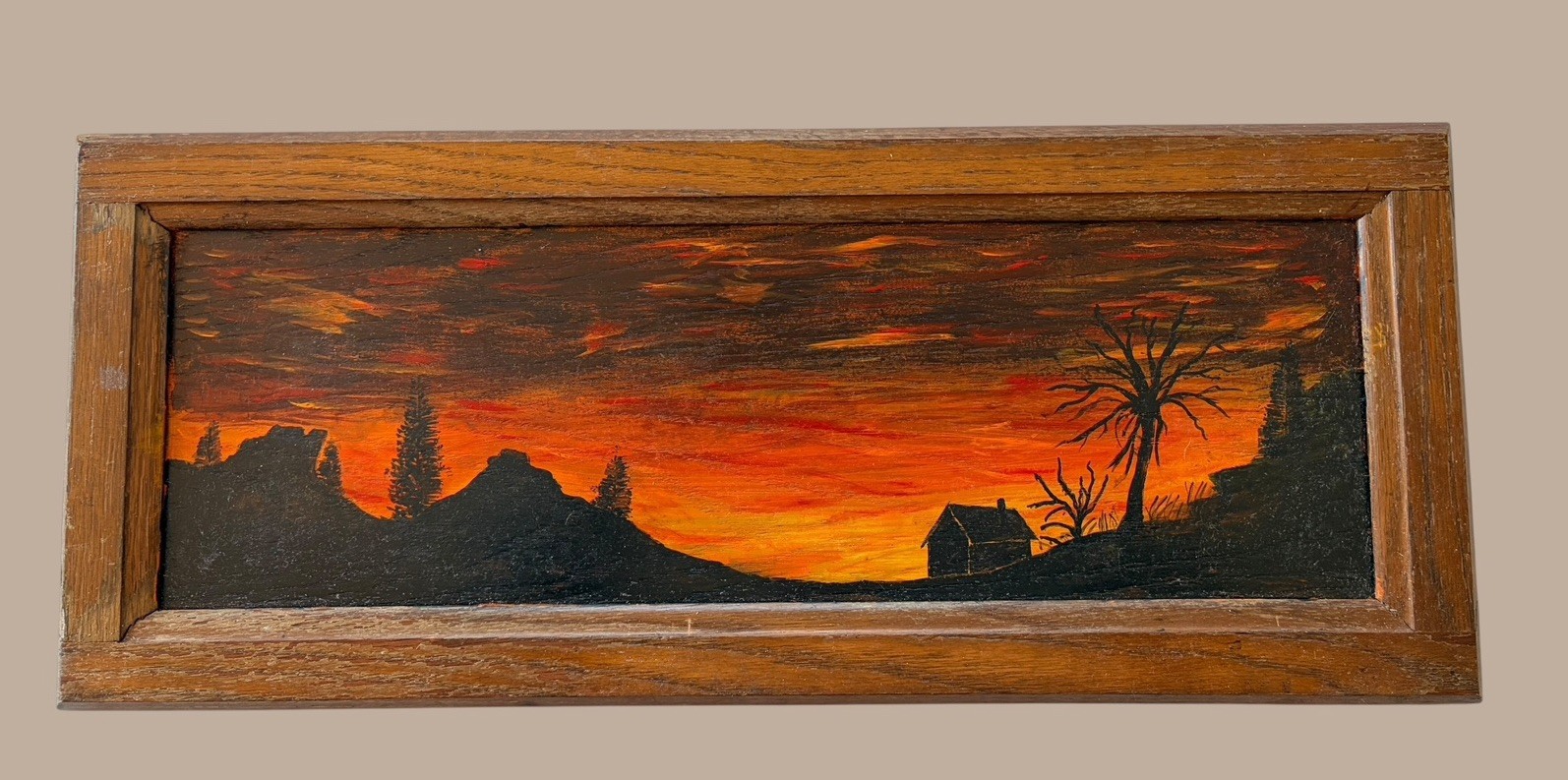 VTG Highwayman Oil Painting On Wood Cabinet Door Florida Sunset Unsigned